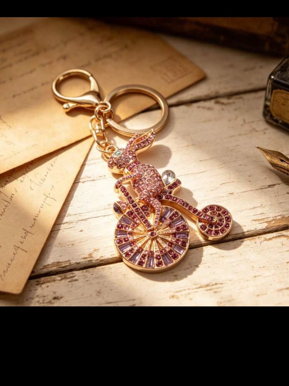 Gold-Tone Pink Crystal Rabbit on Vintage Bicycle Keychain